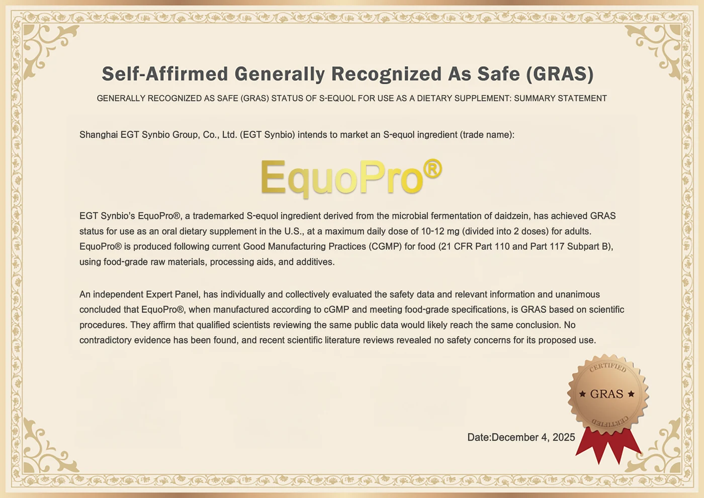 Supplied EquoPro self-affirmed GRAS summary statement dated December 4, 2025